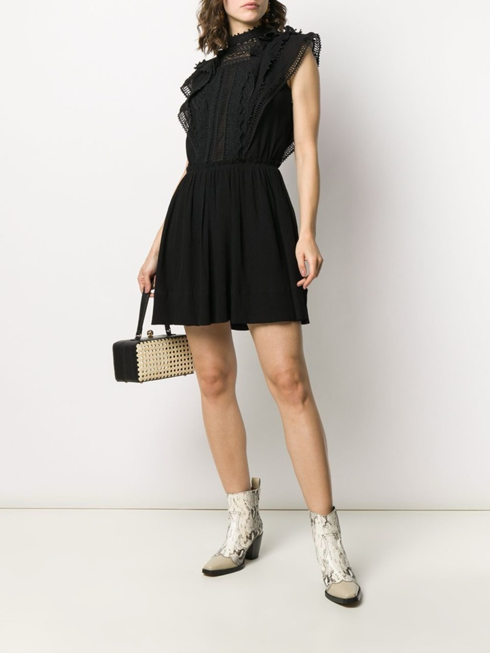 NWT Isabel Marant Black Ianelia Crochet Lace-Detail Ruffle Mini Dress